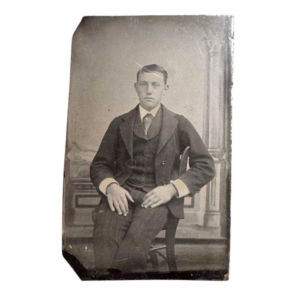 Vintage Tintype Photograph Of Man In Suit Young Boy Antique 4"x2.5" Original